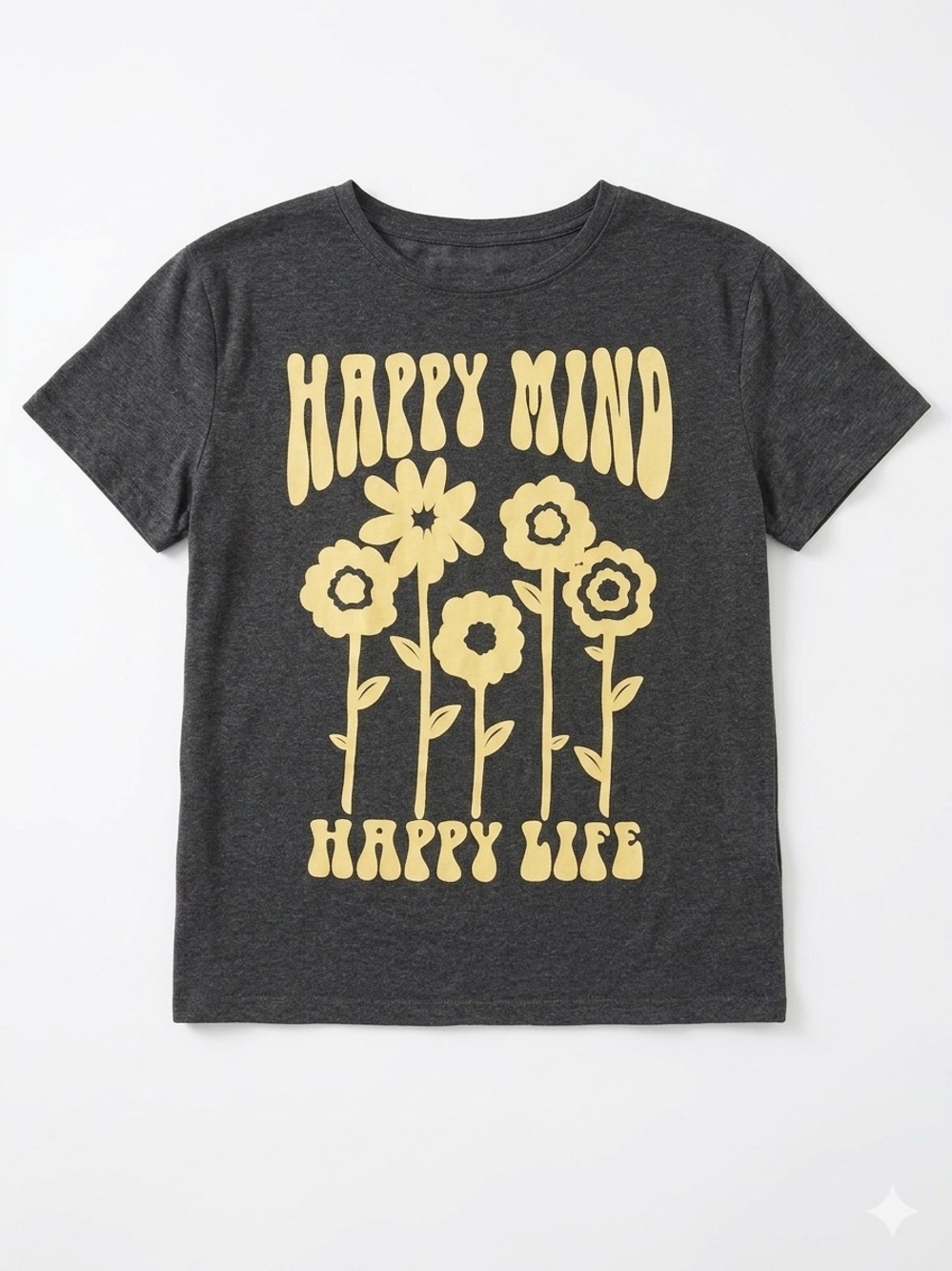 Happy Mind Happy Life- Charcoal Graphic Tee with Yellow Floral Print